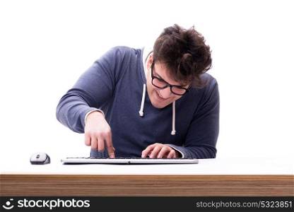 Funny nerd man working on computer isolated on white. Hacker isolated on the white background