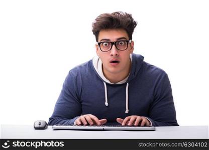 Funny nerd man working on computer isolated on white. Hacker isolated on the white background