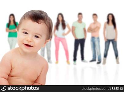 Funny nude baby and casual people of background