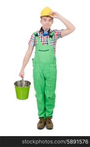 Funny painter with bucket isolated on white