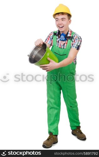 Funny painter with bucket isolated on white