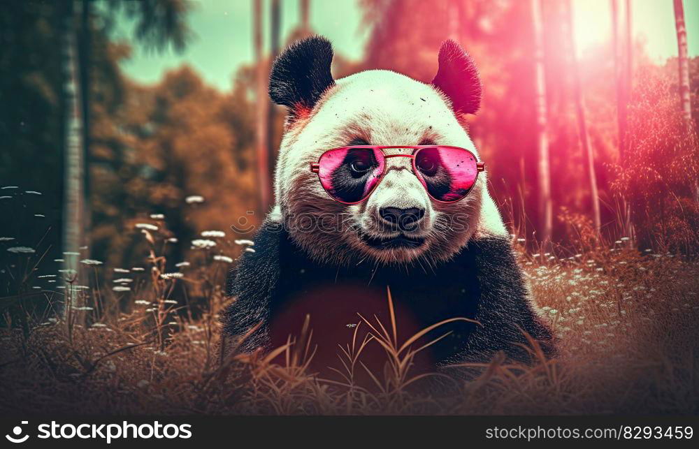 Funny panda bear with sunglasses in the nature. Generative AI Stockphotos