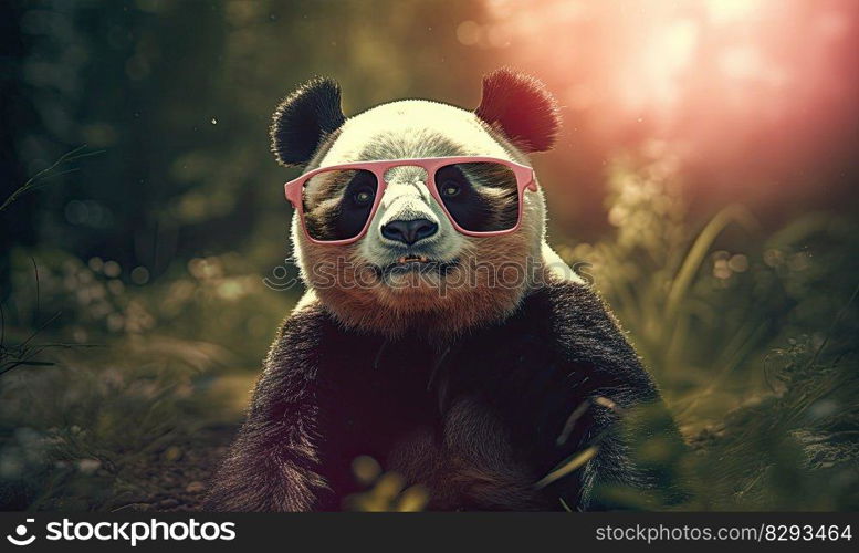 Funny panda bear with sunglasses in the nature. Generative AI