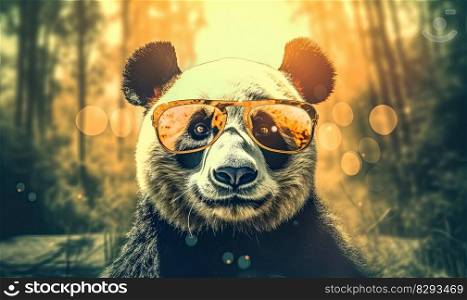 Funny panda bear with sunglasses in the nature. Generative AI