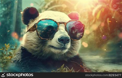 Funny panda bear with sunglasses in the nature. Generative AI