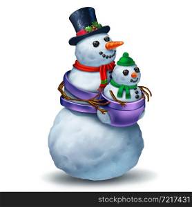 Funny parenting Snowman character as a parent taking care of a baby as a fun traditional family winter greeting celebration and festive seasonal symbol for parents and children play activity as a 3d illustration.