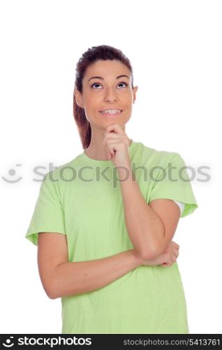 Funny pensive girl isolated on a white backgronund