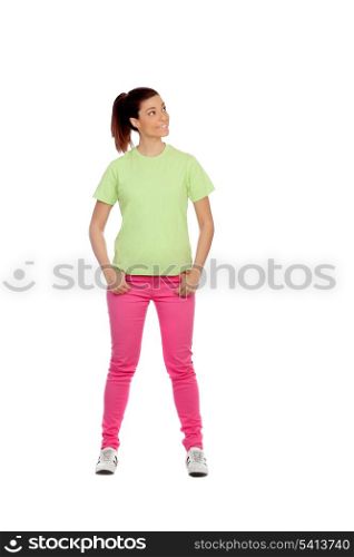 Funny pensive girl with pink jeans isolated on a white backgronund