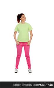 Funny pensive girl with pink jeans isolated on a white backgronund