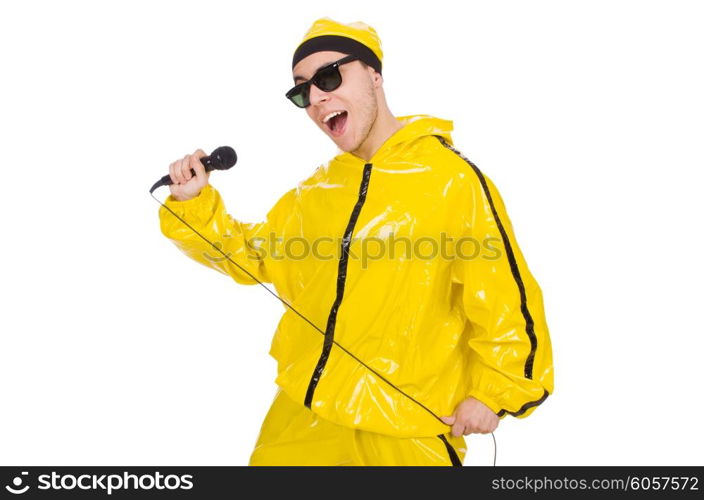 Funny performer with mic isolated on the white