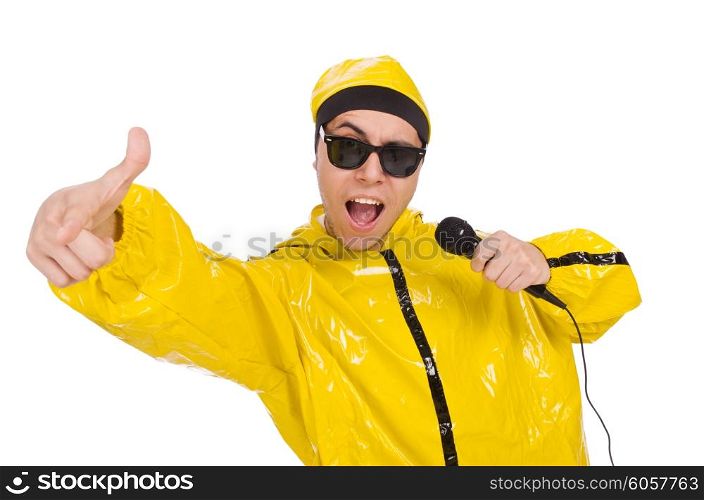 Funny performer with mic isolated on the white