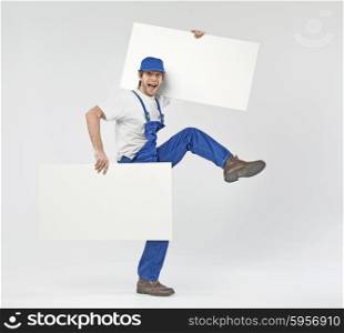 Funny photo of a builder with empty boards