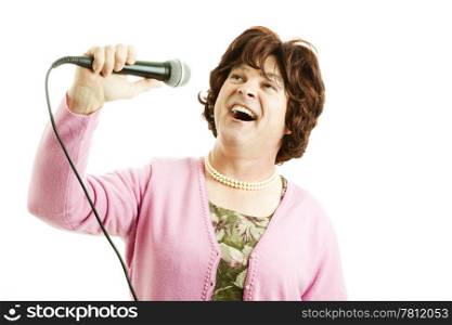 Funny photo of a man dressed as a frumpy female singer. Isolated on white.