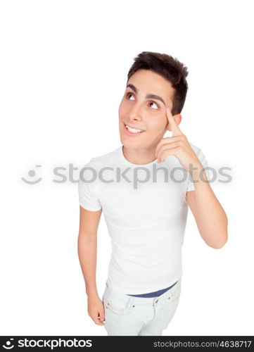 Funny picture from above of a boy thinking isolated on a white background