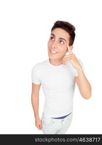 Funny picture from above of a boy thinking isolated on a white background