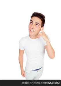 Funny picture from above of a boy thinking isolated on a white background