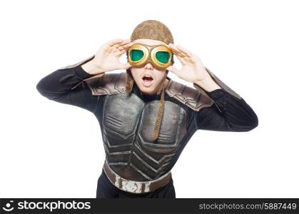 Funny pilot with goggles isolated on white