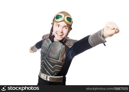 Funny pilot with goggles isolated on white