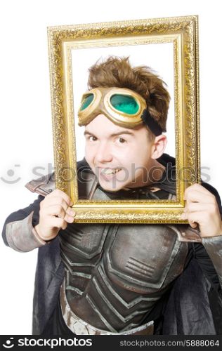 Funny pilot with picture frame isolated on white