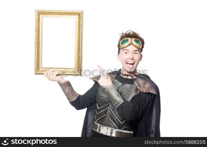 Funny pilot with picture frame isolated on white