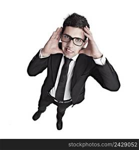 Funny portrait of a young businessman with a nerd glasses