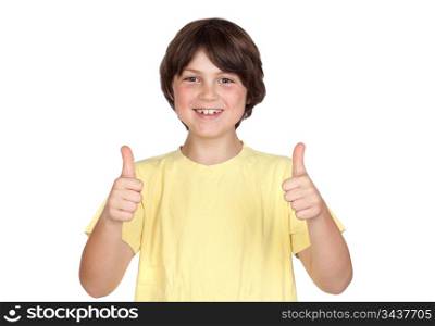 Funny portrait of freckled boy accepting isolated on white background