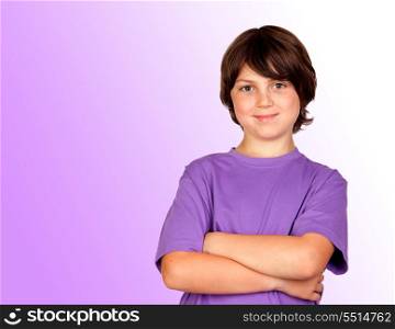 Funny portrait of freckled boy isolated on a purple background