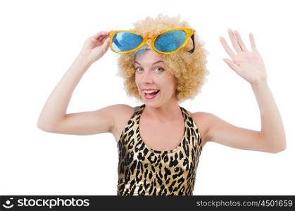 Funny pretty woman in sunglasses isolated on white