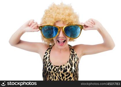 Funny pretty woman in sunglasses isolated on white