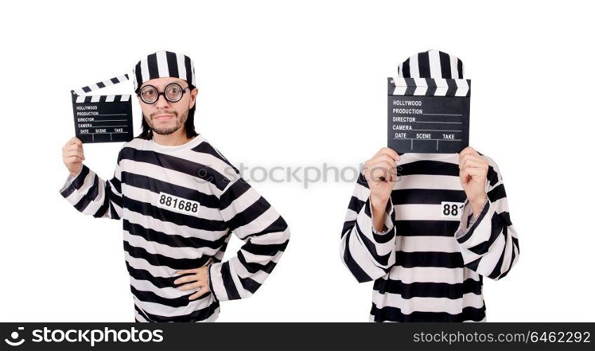 Funny prison inmate with movie board isolated on white