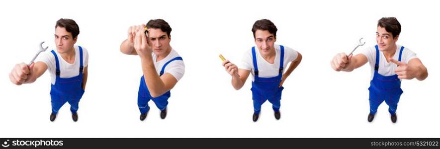 Funny repairman with tools isolated on white
