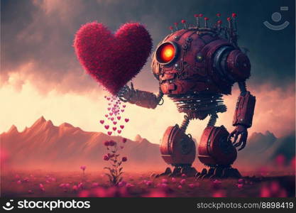 Funny robot holding a red heart. Va≤nti≠futuristic concept. Ge≠rative AI