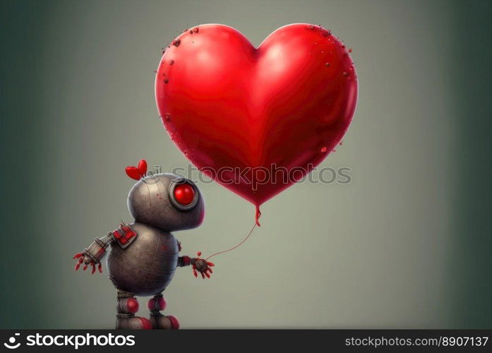 Funny robot holding a red heart. Valentine futuristic concept. Generative AI