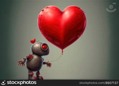 Funny robot holding a red heart. Valentine futuristic concept. Generative AI