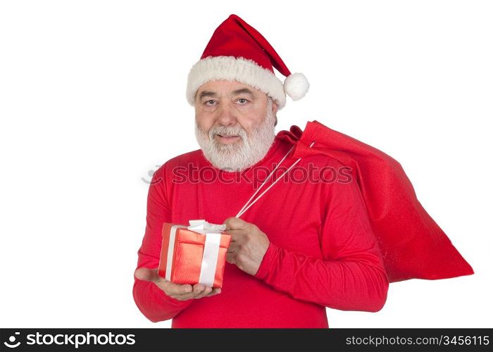 Funny Santa Claus with a gift and his sack isolated on white background