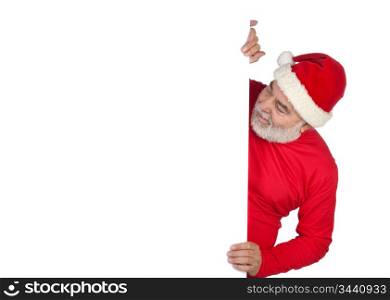 Funny Santa Claus with poster isolated on white background