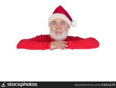 Funny Santa Claus with poster isolated on white background