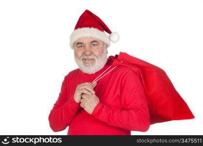 Funny Santa Claus with red sack isolated on white background