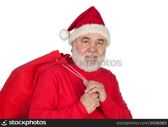 Funny Santa Claus with red sack isolated on white background