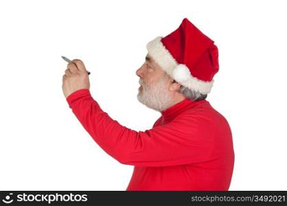 Funny Santa Claus writing with a pen isolated on white background
