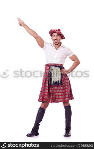 Funny scotsman dancing on white