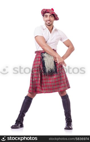 Funny scotsman dancing on white