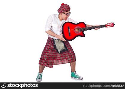 Funny scotsman with guitar on white