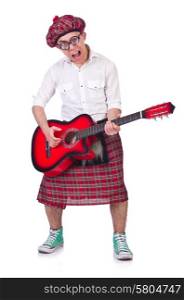 Funny scotsman with guitar on white