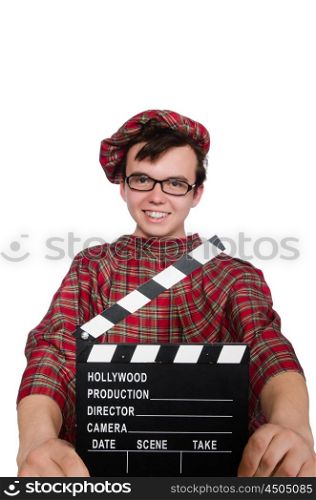 Funny scotsman with movie board on white