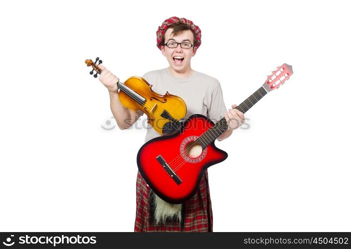 Funny scotsman with musical instrument isolated on white