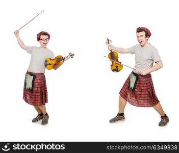Funny scotsman with musical instrument isolated on white