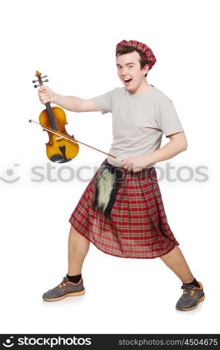 Funny scotsman with violin on white