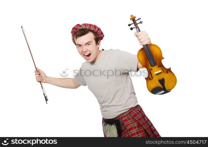 Funny scotsman with violin on white