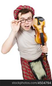 Funny scotsman with violin on white